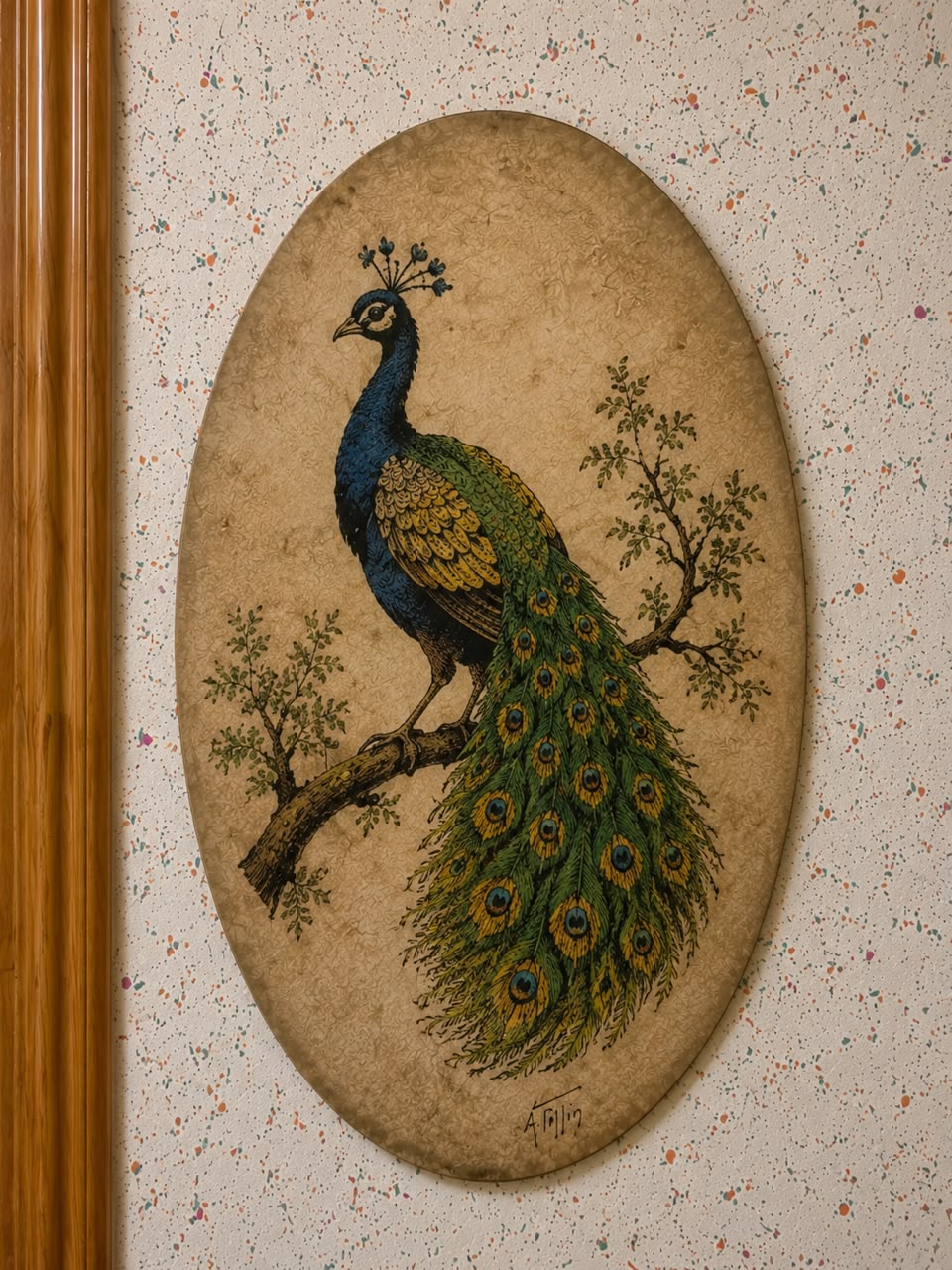 Vintage Oval Peacock Painting — Hand-Signed Botanical Wall Art