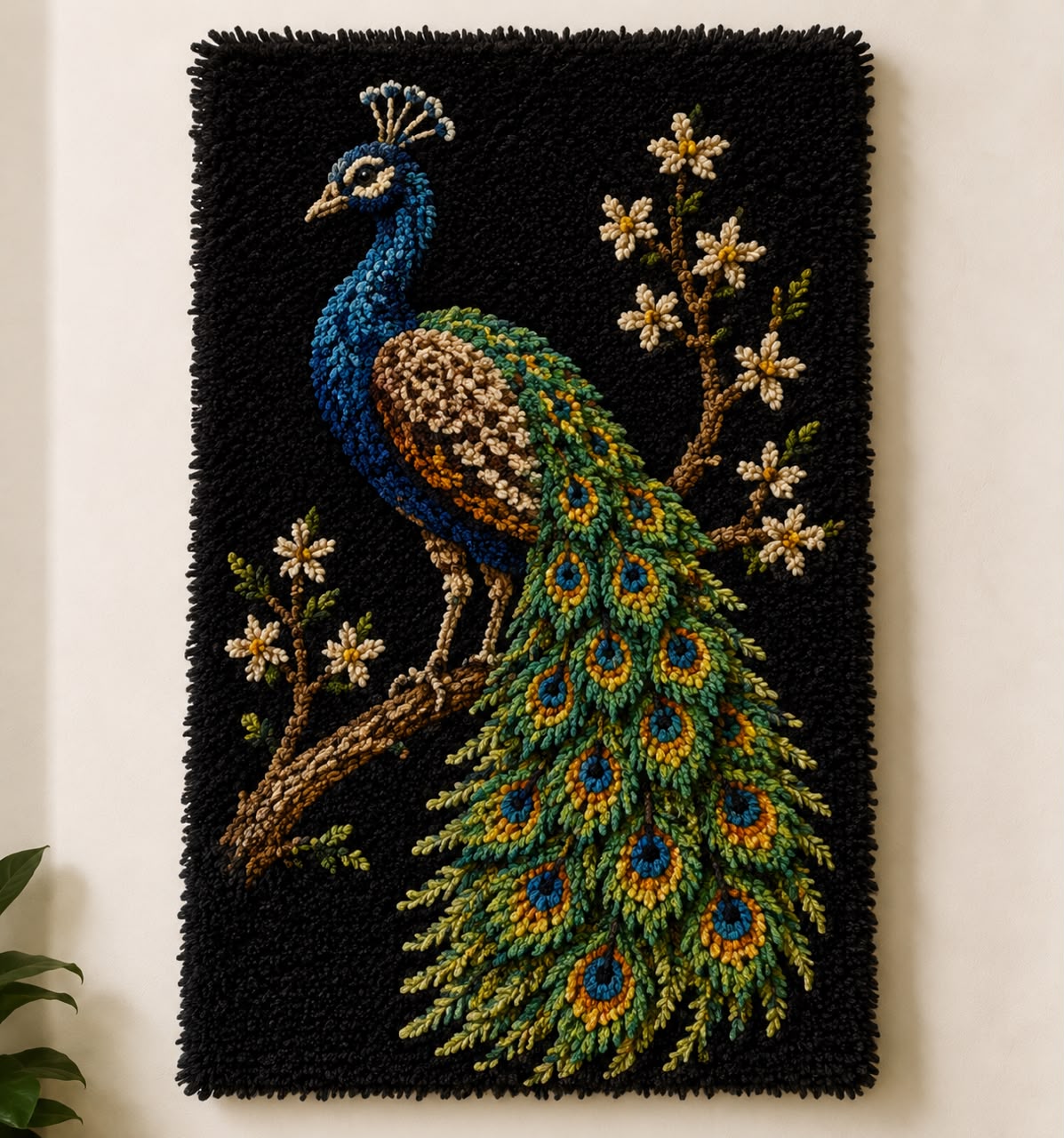 Peacock on Black Tufted Wall Art — Botanical Statement Piece