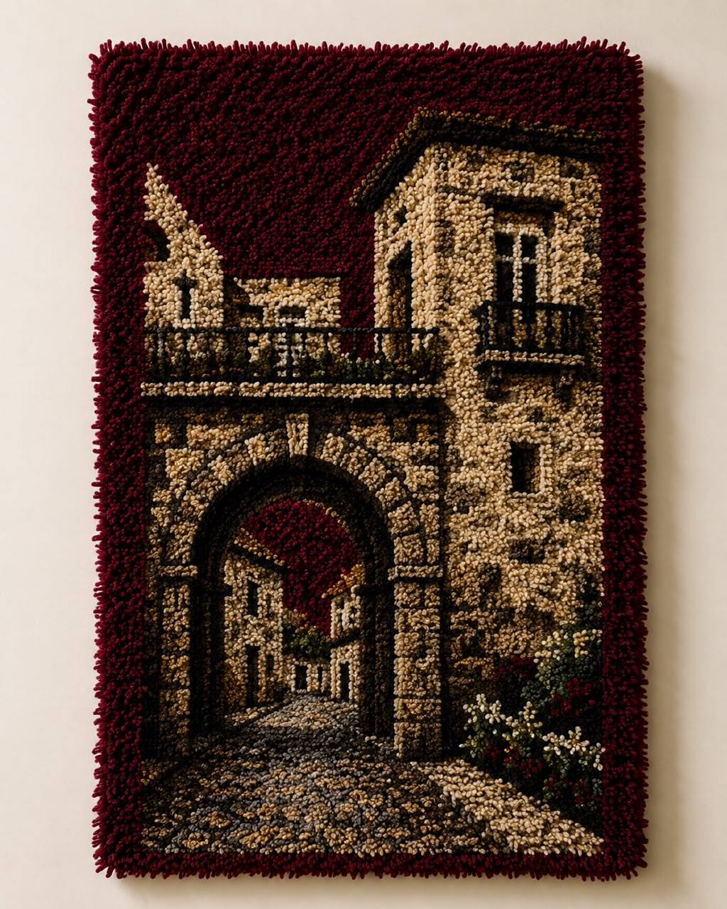 Old Stone Archway Tufted Wall Art — Mediterranean Village Scene  Description: