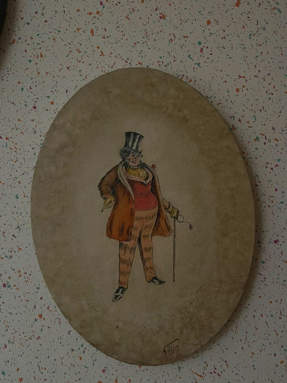 Vintage Oval Dandy Gentleman Painting — Whimsical Anthropomorphic Figure