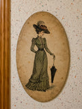 Vintage Oval Victorian Lady Painting — Elegant Woman with Umbrella