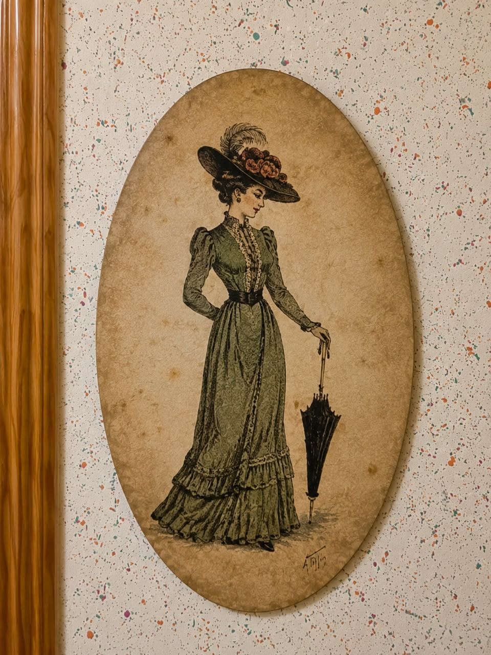 Vintage Oval Victorian Lady Painting — Elegant Woman with Umbrella